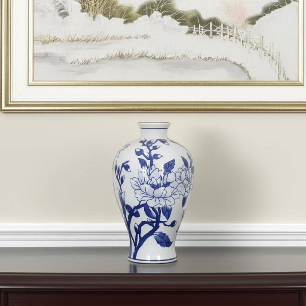 10" Blue And White Floral Round Porcelain Table Vase - 6.50