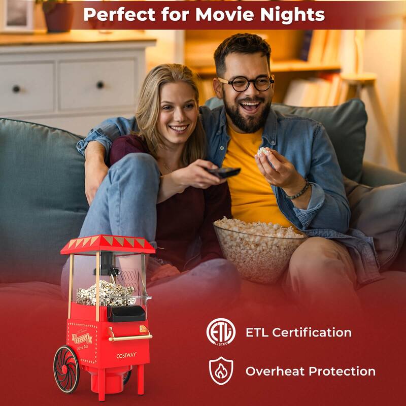 Costway Retro Hot Air Popcorn Maker 1200W, Oil-Free & Fat-Free, Makes - See Details