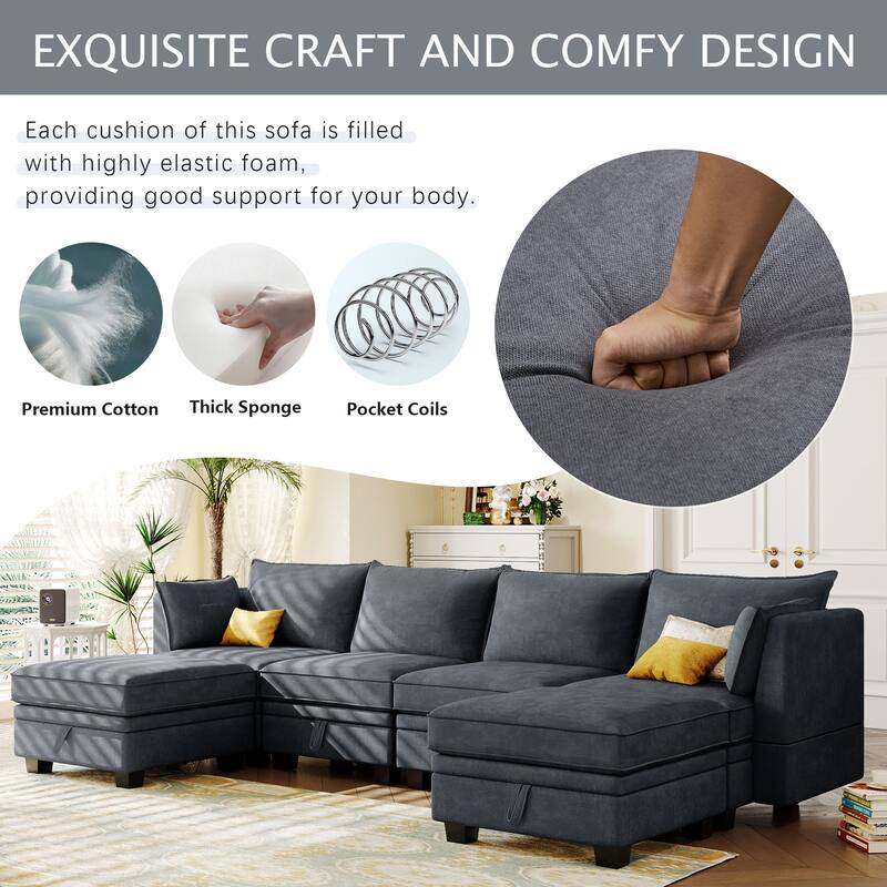 U-Shape Modular Sectional Sofa, Convertible Sectional Sofa Bed, Upholstered Sofa with Reversible Chaise & Ottoman