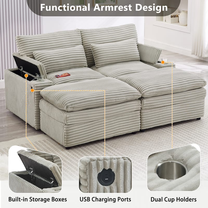 Corduroy Modular Sectional Sofa with USB Ports & Cup Holders, 2 Seat Couch Loveseat with 2 Ottomans Convertible Sleeper Sofa Bed - Grey
