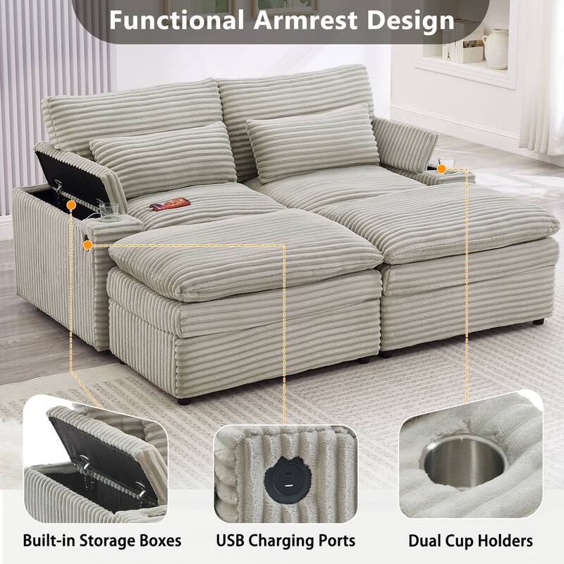 L-Shaped Corduroy Sectional Sofa w/ USB Ports & Cup Holders, 2-seater Sofa Loveseat w/ 2 Ottomans, Convertible Sleeper Sofa Bed - Grey