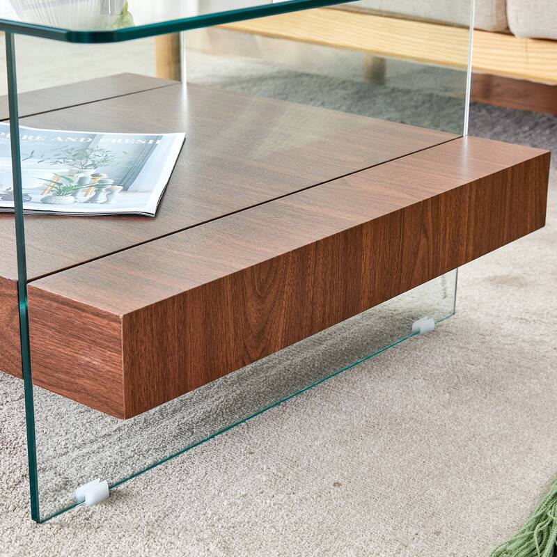 Roomfitters Square Glass Coffee Table with Walnut Finish, Two-Tier Modern Accent Table for Compact Spaces