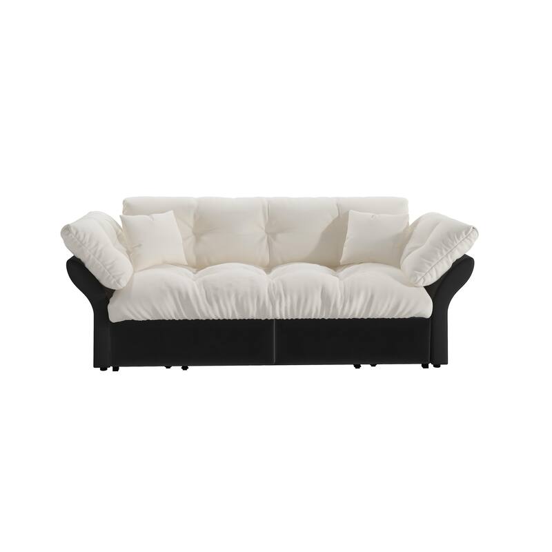74.8" Convertible Sofa Bed with 2 Pillows, Velvet Loveseat Sleeper Couch, 2 Seater Upholstered Folding Sofa Bed with Flared Arms