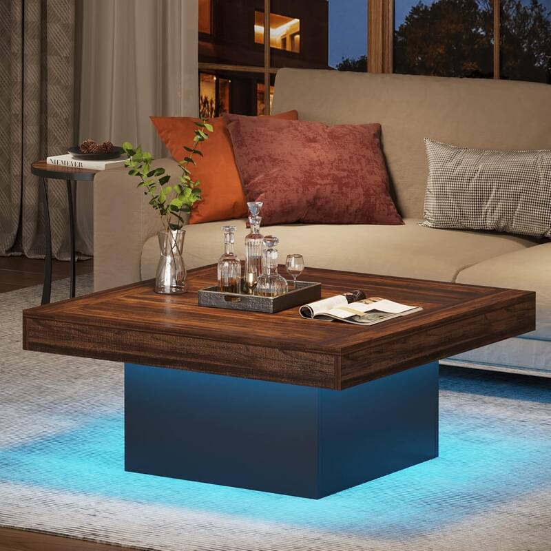 Modern Square LED Coffee Table, Low Center Table with Built-In Light for Living Room - Brown+Black