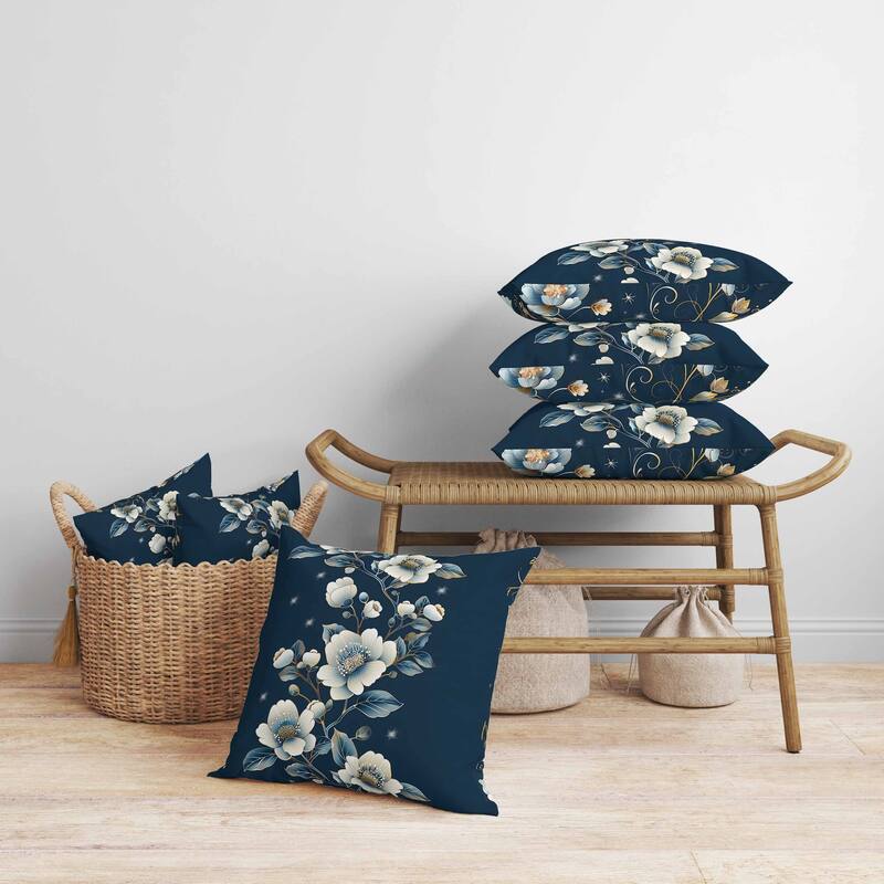 Teal Flowerscape Faux Suede Reversible Throw Pillow Dark and Blue