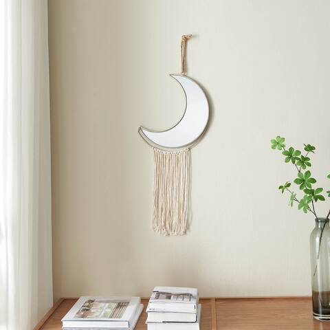 Mirror Crescent Moon Metal Wall Decor with Fringe