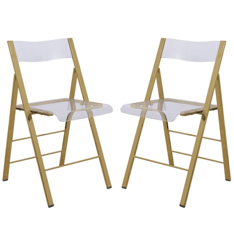 Menno Acrylic Folding Chair Set of 2 - Gold Steel Frame Dining Chair - Fade Resistant Rubber Pads Fully Assembled