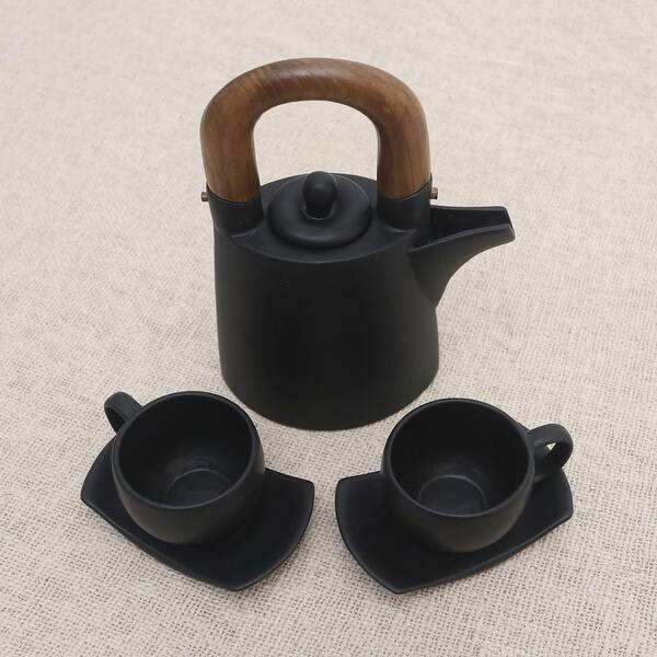 Novica Handmade Midnight Cup Ceramic And Teak Wood Tea Set (5 Pcs ...