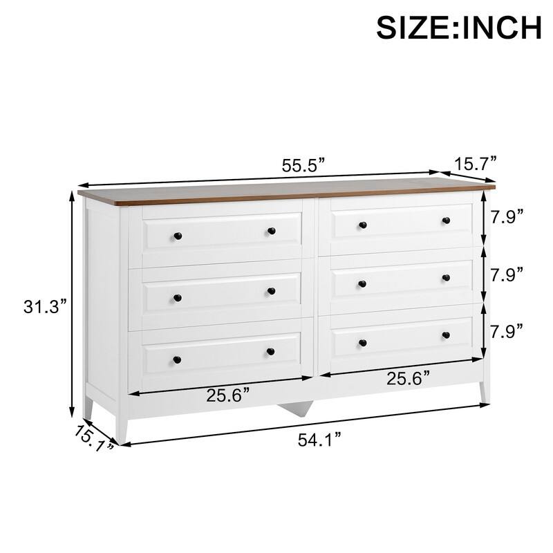 6 Drawer White Dresser for Bedroom, With Wide Drawer and Metal Handles