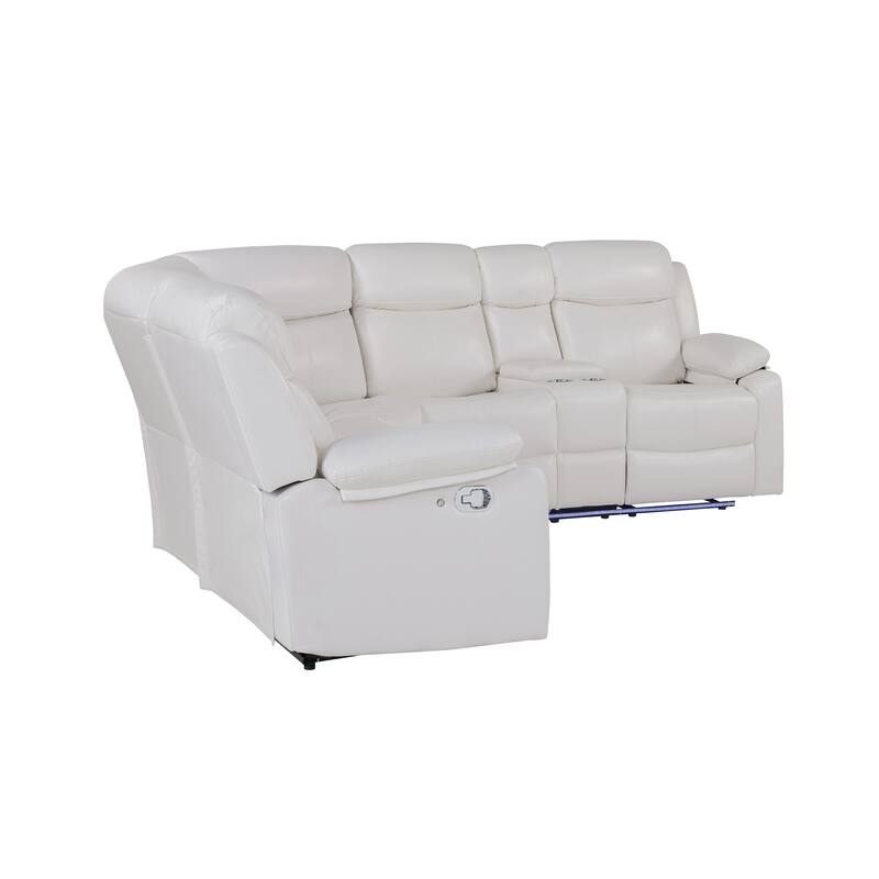 HomeRoots Off White Faux Leather Reclining Curved Six Piece Sectional With LED And Console