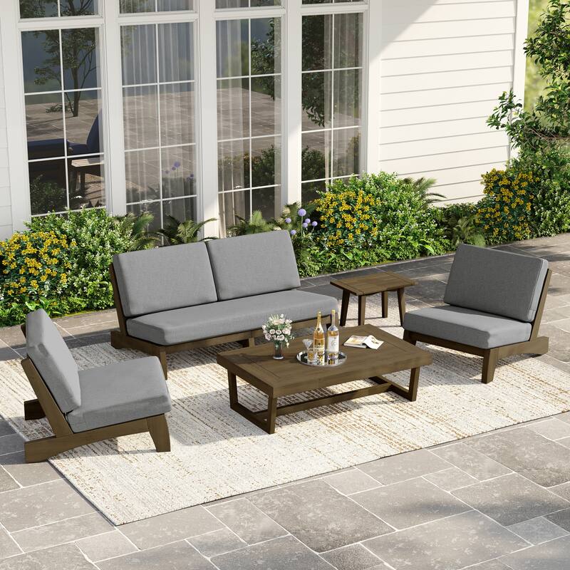 Casual Teak Wood 5-Piece Outdoor Patio Conversation Set