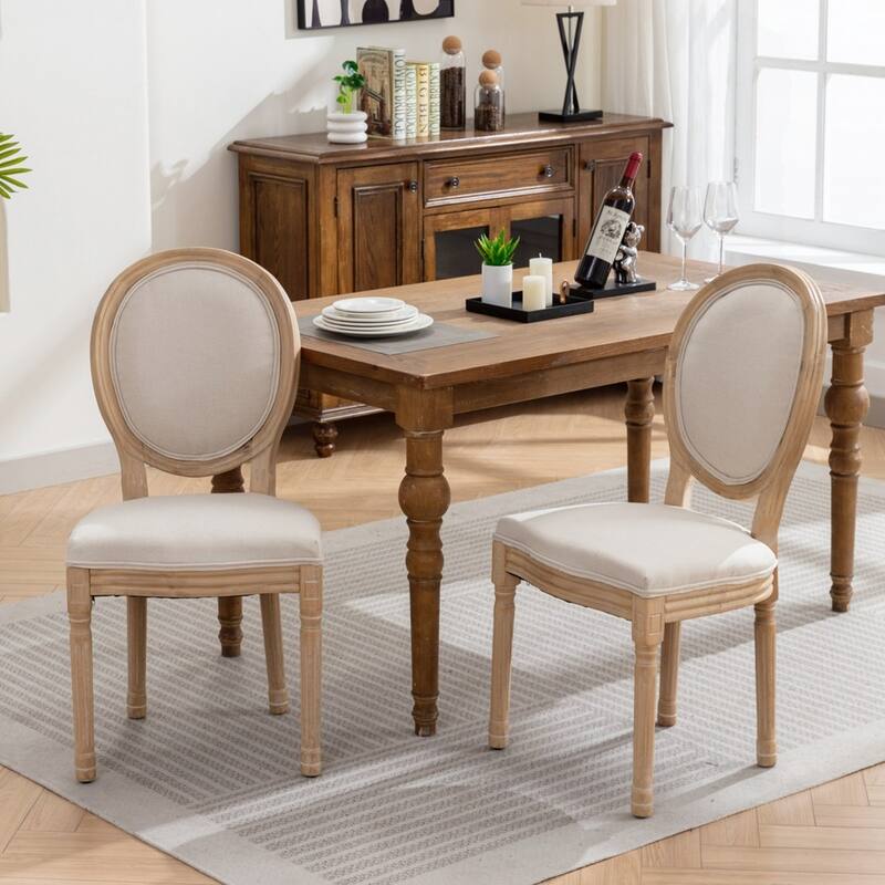 French Style Solid Wood Frame Antique Painting Linen Fabric Back Dining Chair