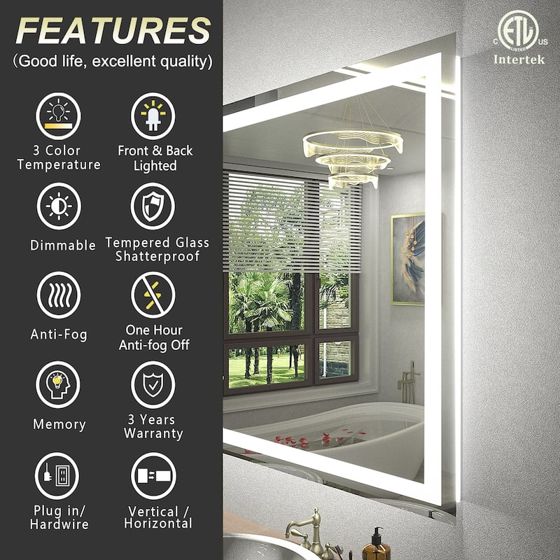 KIOTEE Super Bright Anti-fog LED Bathroom Mirror with Backlit and Front Lighting 3-Year Warranty