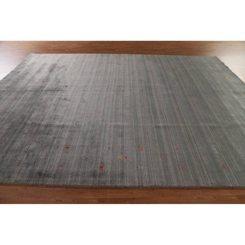 Striped Green Gabbeh Area Rug Hand-Knotted Wool Carpet - 8'10"x 11'8"
