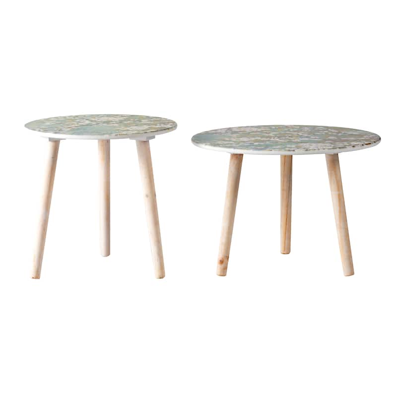 GDFStudio - S/2 Nature-Inspired Side Tables with Painted Cherry Blossom Tops - 21.7"