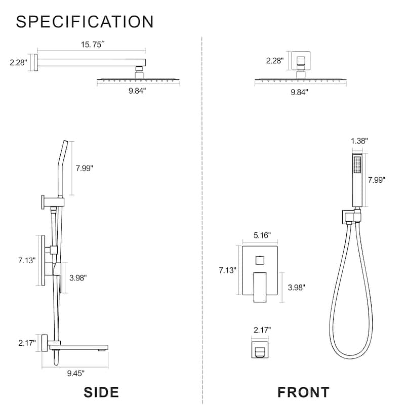 10-inch Square Rainfall Shower Head With Three Modes