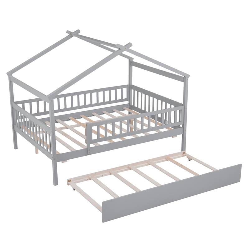 Full Size Wooden House Bed with Twin Trundle, Gray Finish