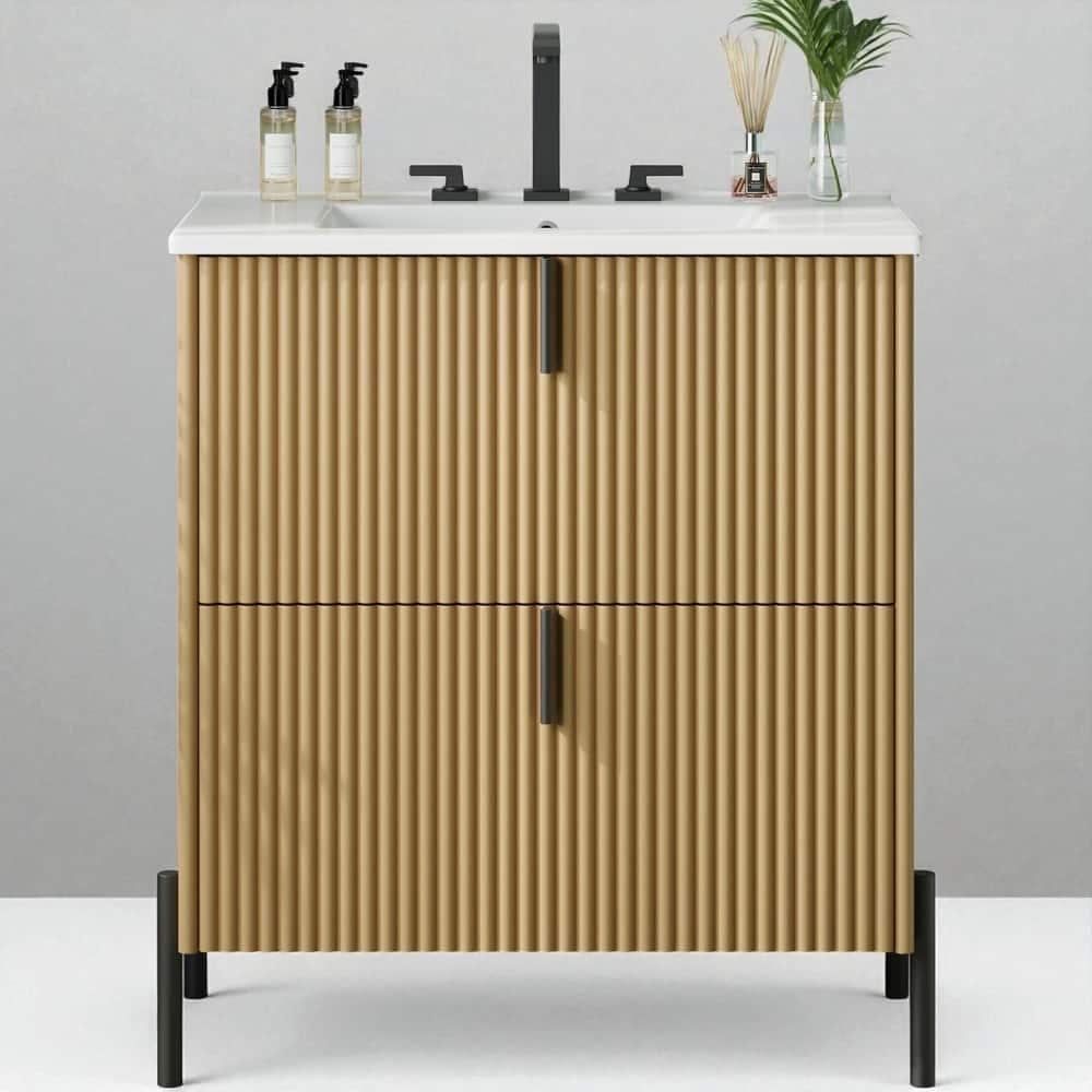 30" Bathroom Vanity with Ceramic Sink, Fluted Design, Full-Extension Drawers, Soft Close Drawer Slides