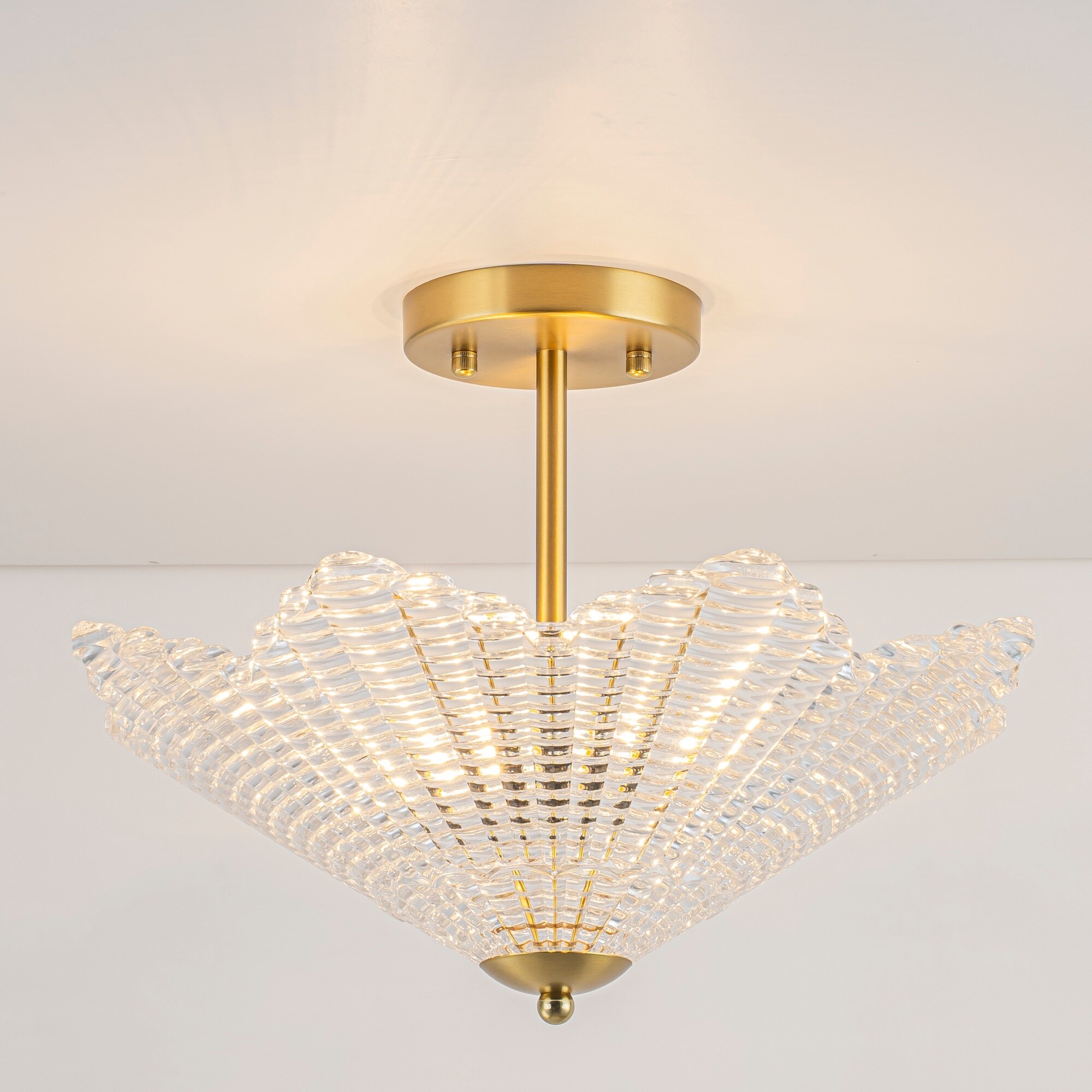 Rennnsan 3-Light Modern Art Deco Gold Clear Ribbed Glass Flush Mount Ceiling Light for Living Room - 15.7 in. W x 15.3 in.H