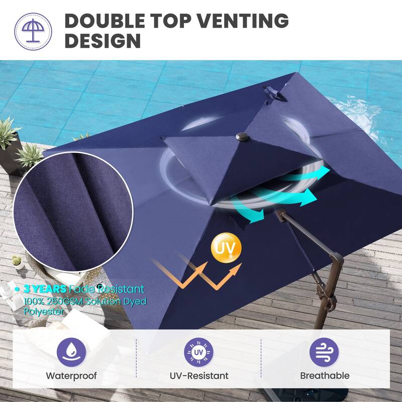 9 x 12 ft Double Top Patio Cantilever Umbrella with Base, 360-degree Rotation