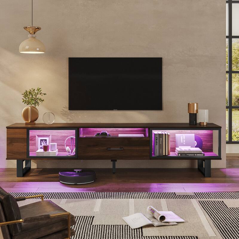 70" Led TV Stand for 75/80 inch TV, Glossy Media Console with Half-Glass Drawer
