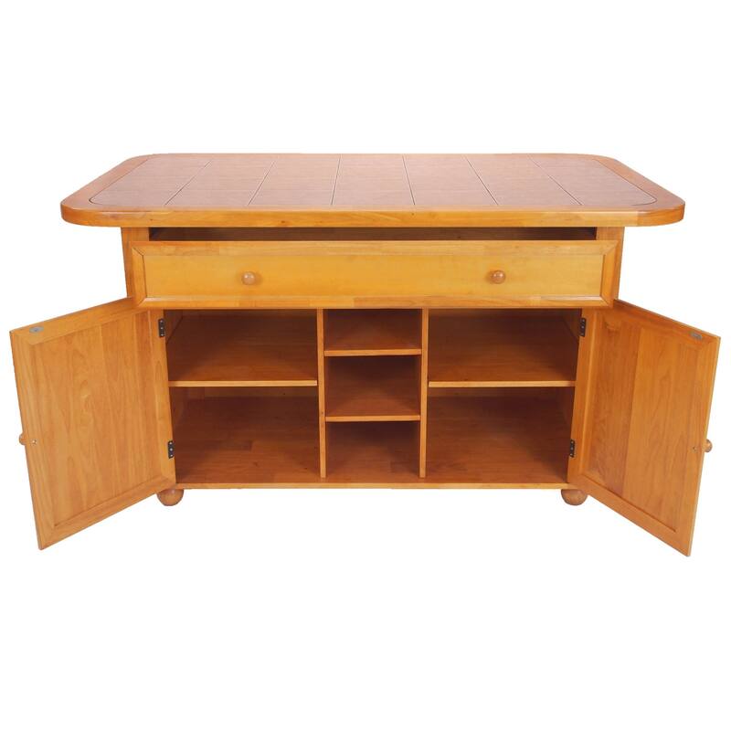 Kitchen Island with Storage & Breakfast Bar ,Oak Finish, Tile Top - Home Organization & Prep Station