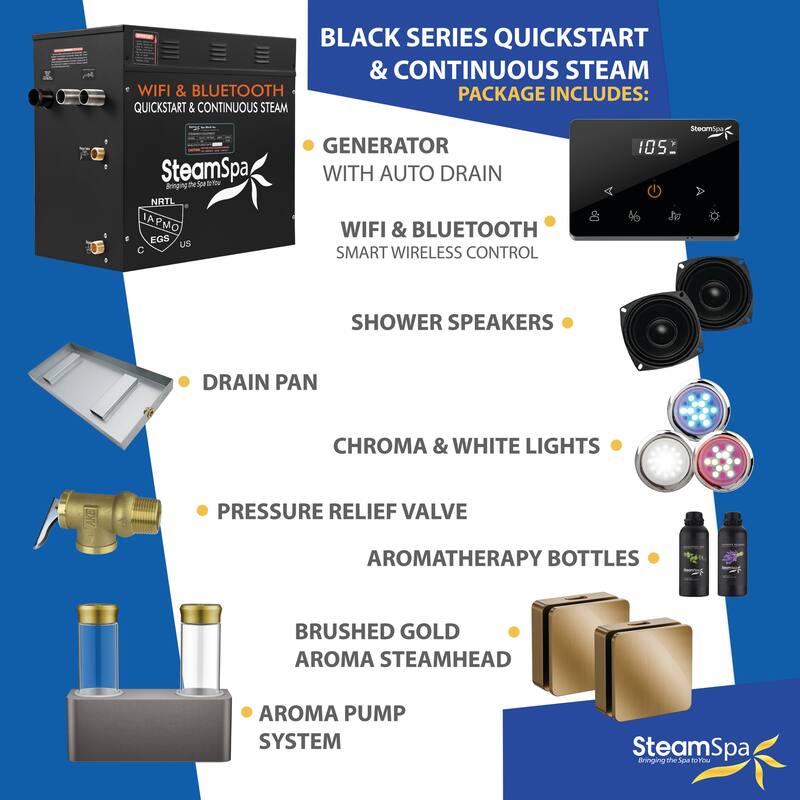 Black Series 12kw Steam Bath Generator with Wireless Remote, Bluetooth, WIFI, and Dual Aroma Pump - 12 KW