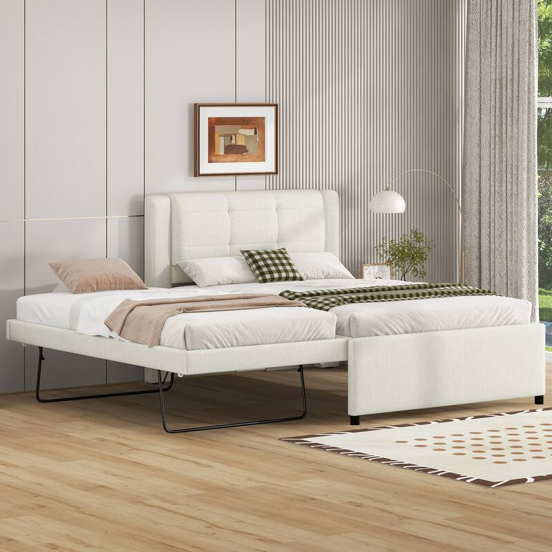 Full Size Upholstered Platform Bed with Adjustable Trundle, Beige - Beige