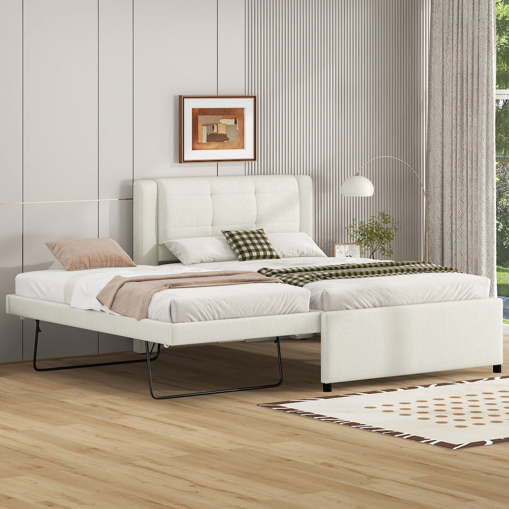 Full Size Upholstered Platform Bed with Adjustable Trundle, Beige