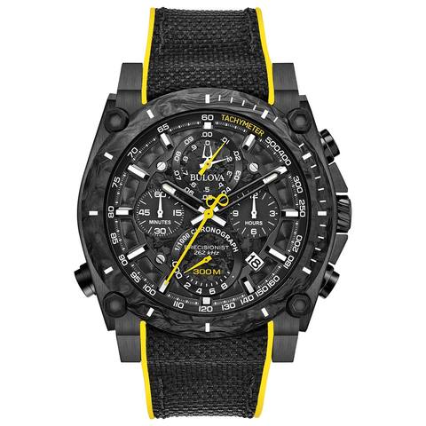 Bulova Men's Precisionist Carbon Chrono Black Rubber & Nylon Strap with Yellow Accent Watch