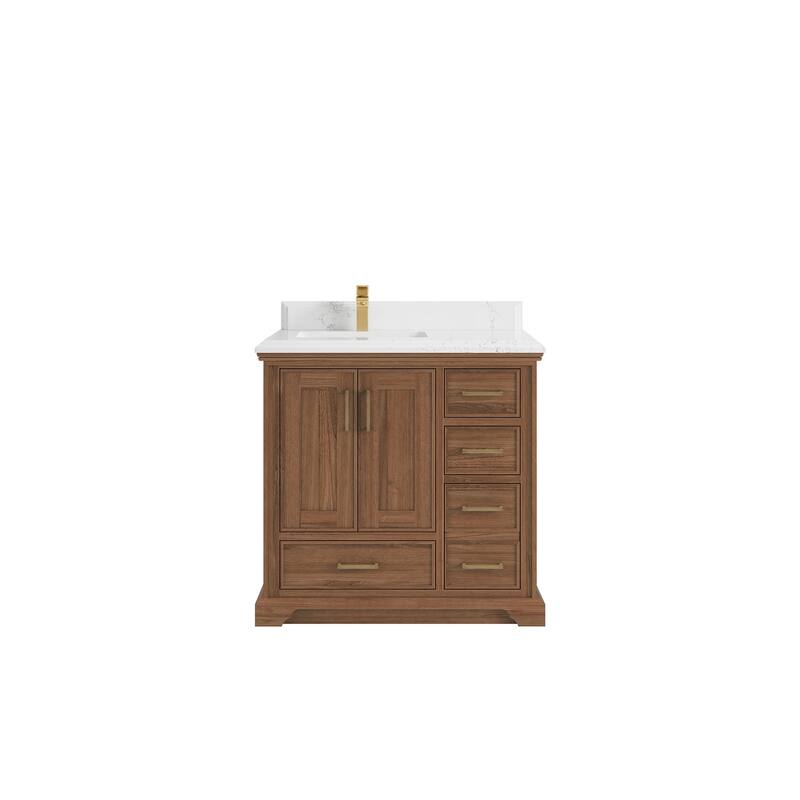 Willow Collections 36 in. W x 22 in. D Charlotte Teak Left Offset Sink Bathroom Solid Teak Vanity with Countertop - 1.5”Empira White - Dark Natural