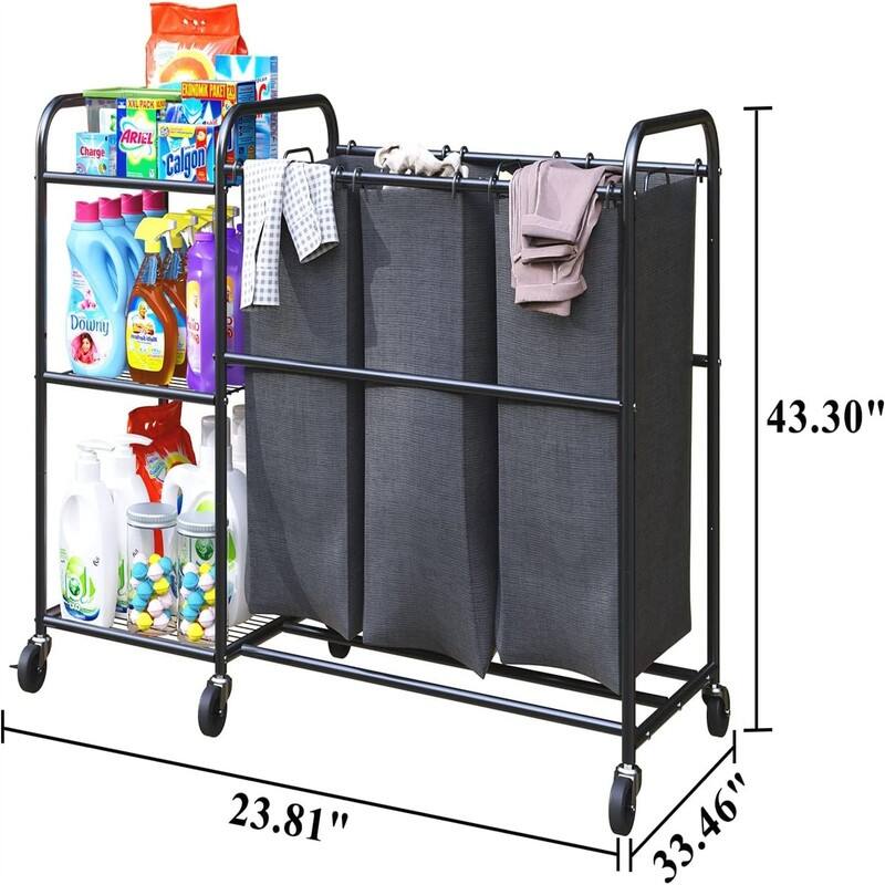 Star 3 Bag Laundry Sorter Cart with Storage Shelf, Laundry Hamper Sorter with Rolling - 23.8"L x 33.46"W x 43.3"H