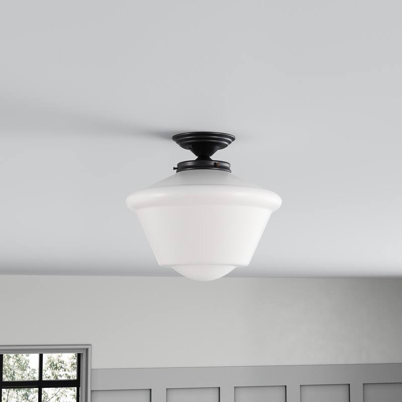 Modern Black 1-Light Semi Flush Mount Ceiling Light Fixture with Opal Glass Shade