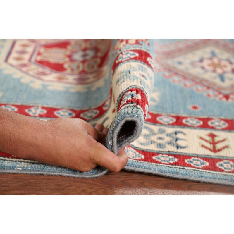 Light Blue Kazak Runner Rug Hallway Hand-Knotted Wool Carpet - 2'10" x 15'2"