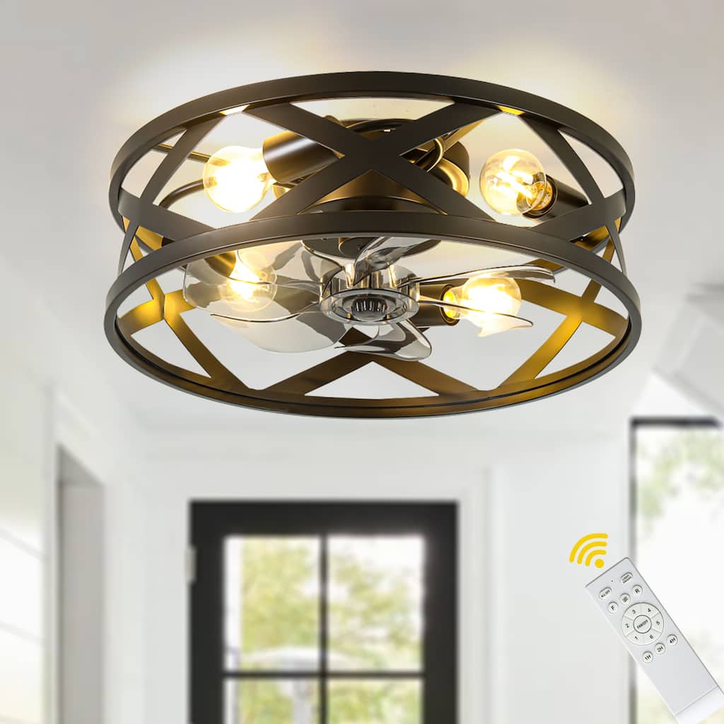 Bella Depot 20" Black Cage Flsuh Mount Ceiling Fan with Light and Remote