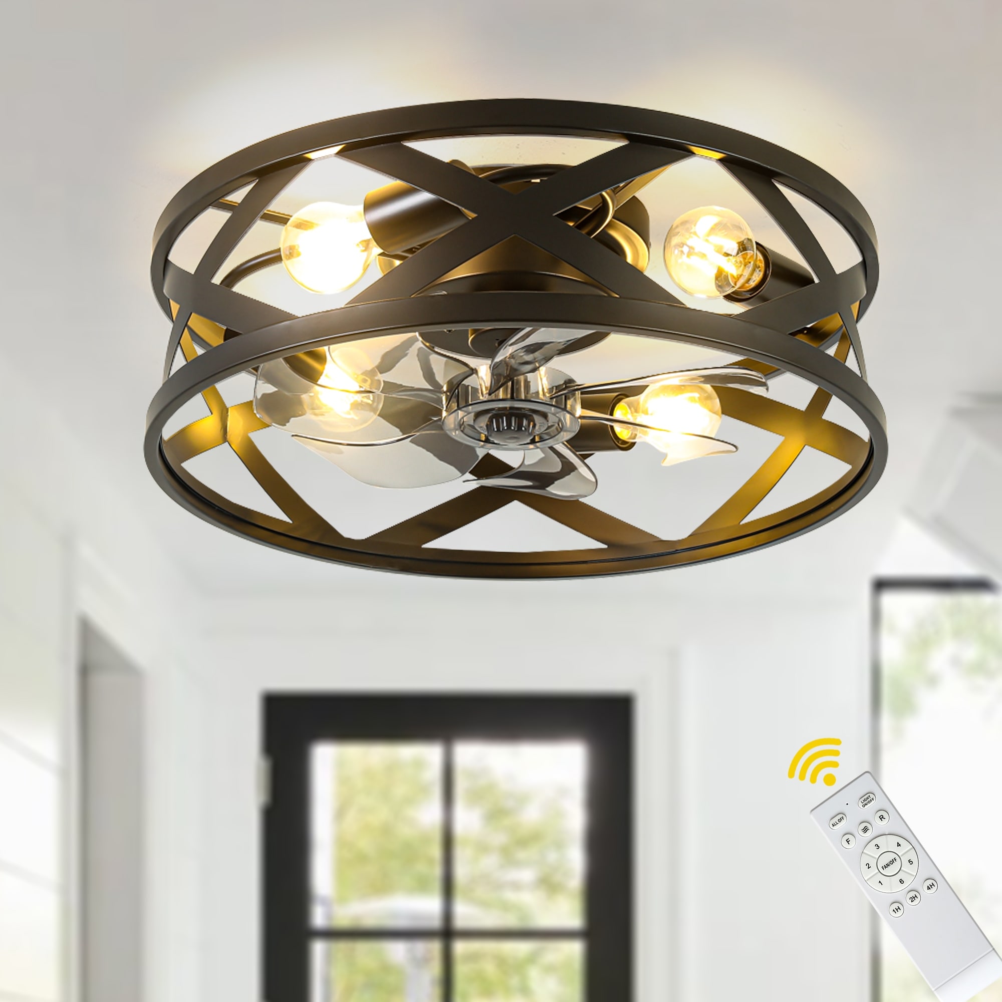 Bella Depot 20" Black Industrial Metal Caged Ceiling Fan Flsuh Mount Fan with Light and Remote DC Motor