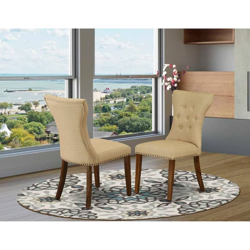 Modern Parson Dining Chairs Set of 2 - Upholstered Fabric High Back Accent Chairs - Antique Walnut Legs