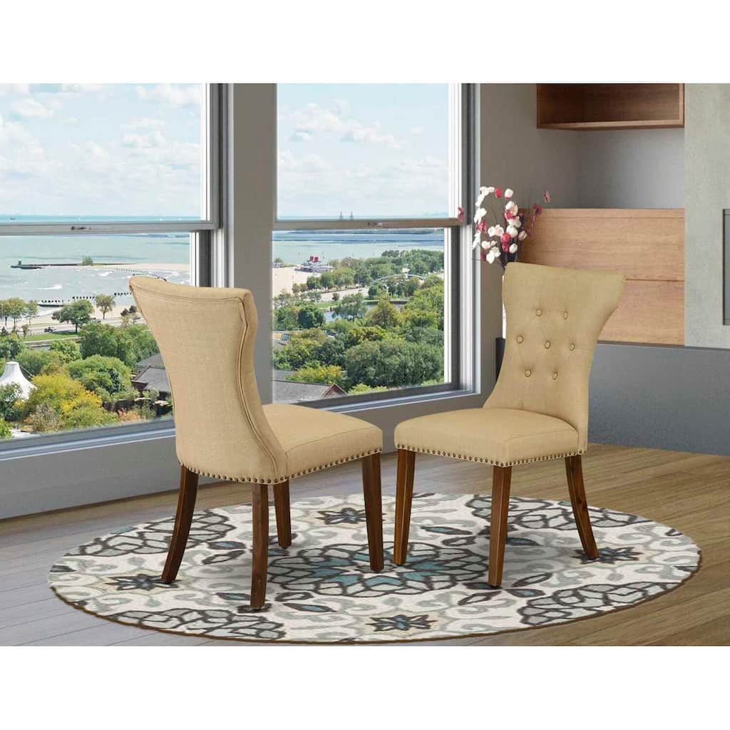 Modern Parson Dining Chairs Set of 2 - Upholstered Fabric High Back Accent Chairs - Antique Walnut Legs