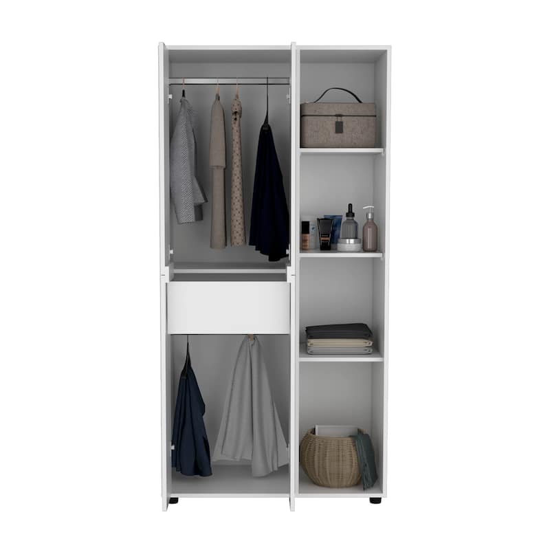 35.4" Modern Double-door Armoire with Hanging Rod, Drawer and Open Shelves for Bedroom
