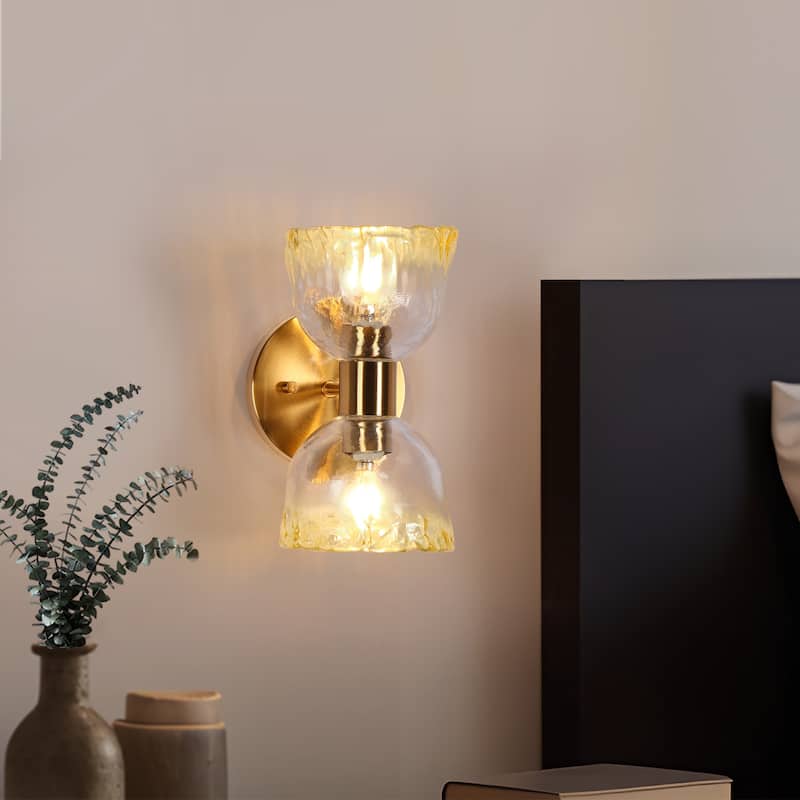 Modern 2-Light Wall Sconce with Gold Colored Glass Bathroom Vanity Lights - D8.2" x H10"