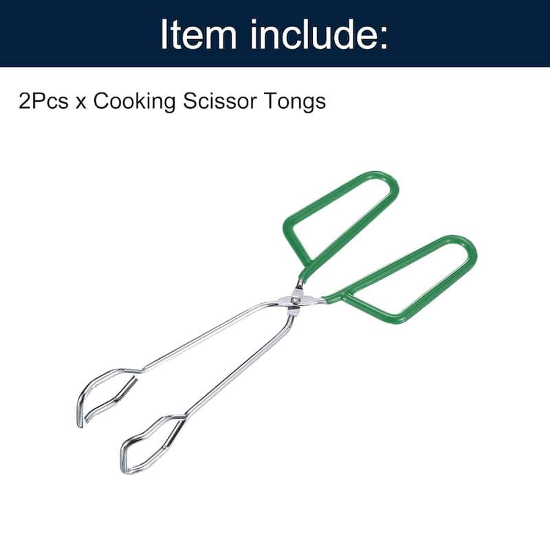 2Pcs Cooking Scissor Tongs, 10" Kitchen Tongs with Comfort Grip Green Handle - Silver & Green