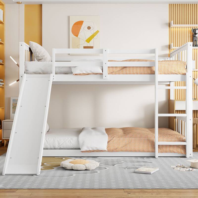White Twin Over Twin Bunk Bed with Slide and Ladder, Space-Saving Design - White