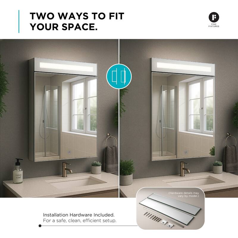Bathroom Medicine Cabinet, Aluminum, Recessed/Surface Mount, Mirrored Interior w/LED