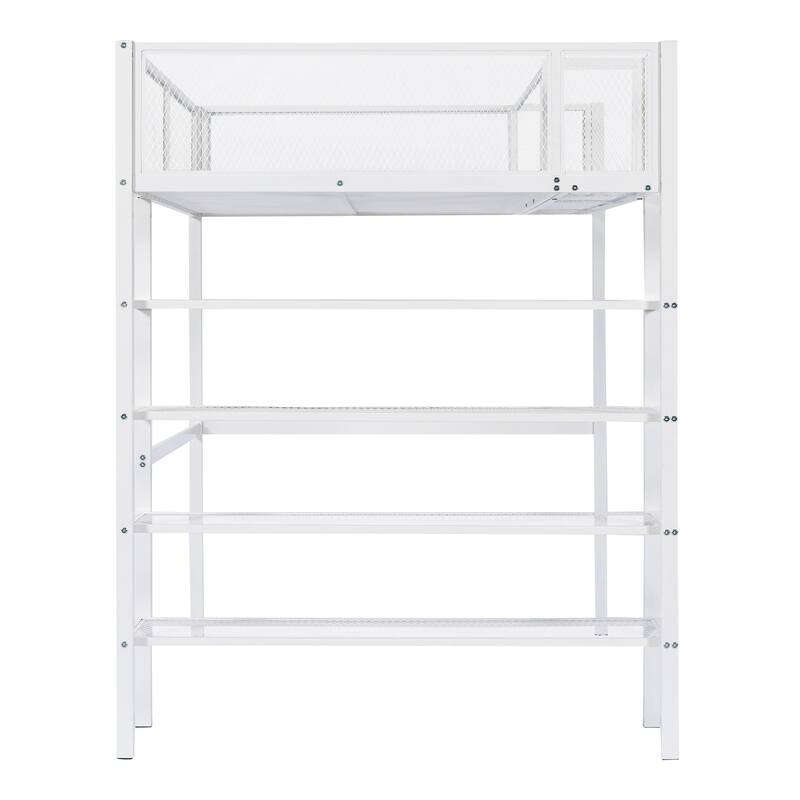 Twin/Full Metal Loft Bed with Built-in Desk, Shelves, and Storage, Modern Design