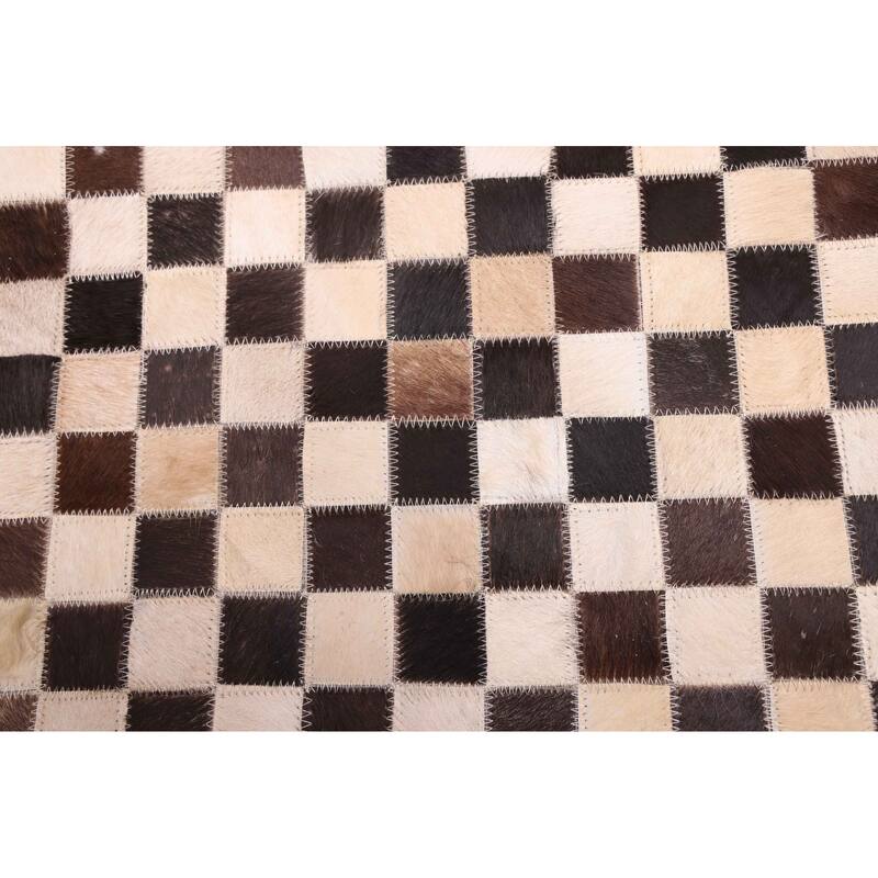 ECARPETGALLERY Handmade Cowhide Patchwork Dark Brown, Ivory Leather Rug - 5'1 x 5'1