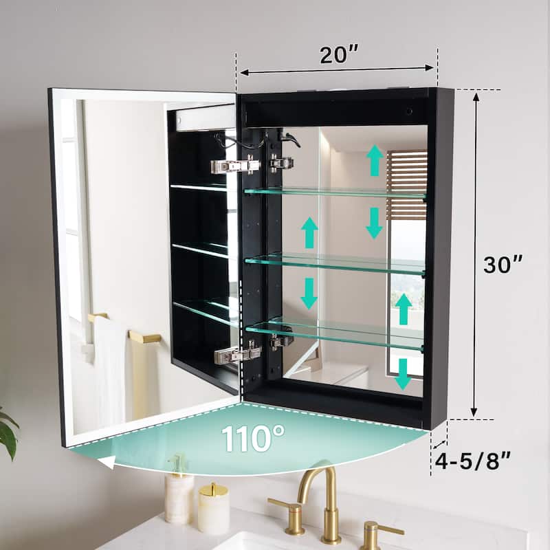 30'' H Recessed Or Surface Wall Mounted LED Mirror Cabinet With Mirror And Adjustable Shelves,Black Frame