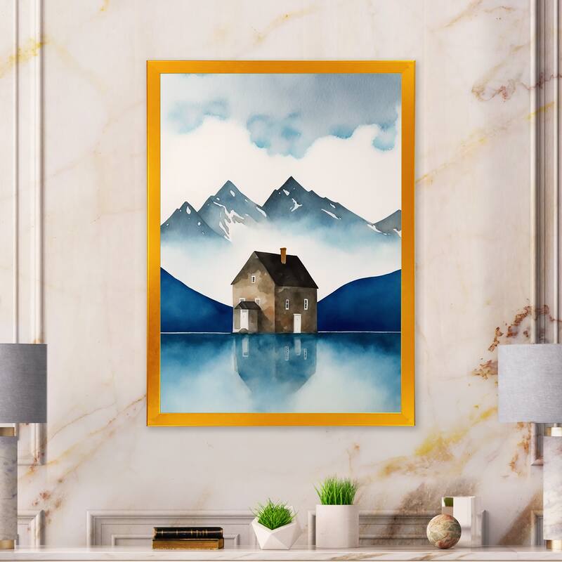 Designart "Cottage House By The Mountain Lake" Landscape Lake Framed Art Print - Gold - 34 in. wide x 44 in. high