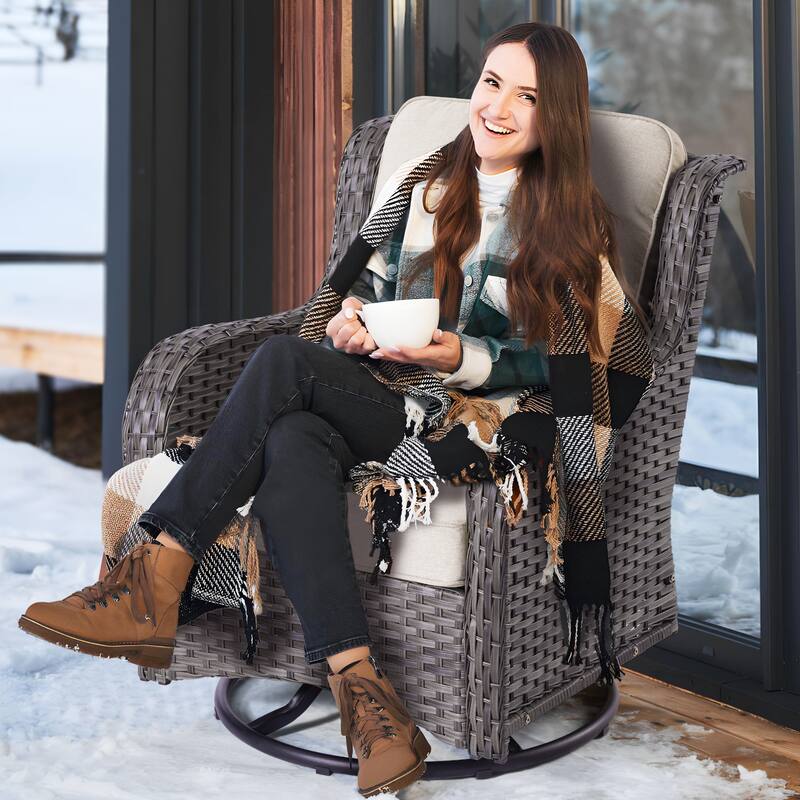 OVIOS 9-piece Patio Wicker Swivel Rocking Chair Set With Fire Pit