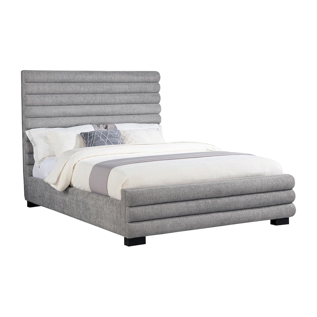 Boucle Upholstered Eastern King Bed with Channel-tufted Headboard in Grey
