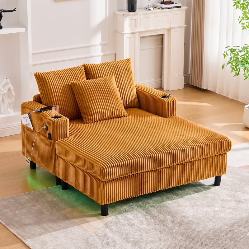 HOMEFUN Corduroy Upholstered Oversized RGB LED Light Recliner Sofa Bed with Cup Holder,USB&3 Pillows - Yellow